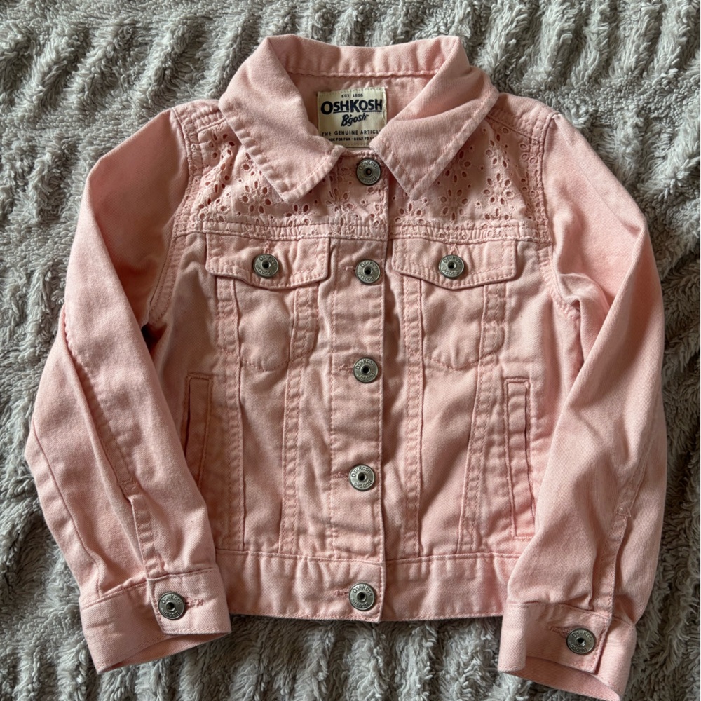 OshKosh B’gosh Pink Denim Jacket Girls 5/5A Eyelet Lace Western Button Up - Picture 2 of 11